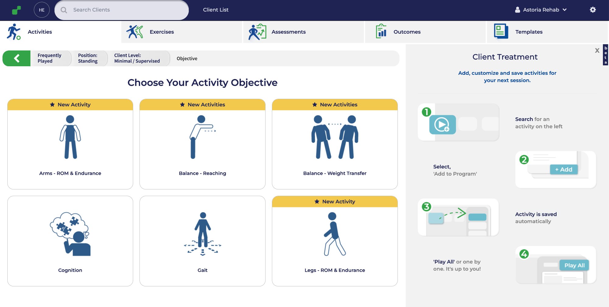 Redesigned Jintronix activity prescription interface